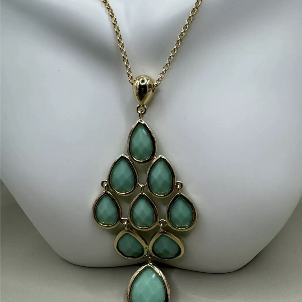Carolee Chandelier Earrings & Matching Necklace Jade Green Stone Gold Tone Set